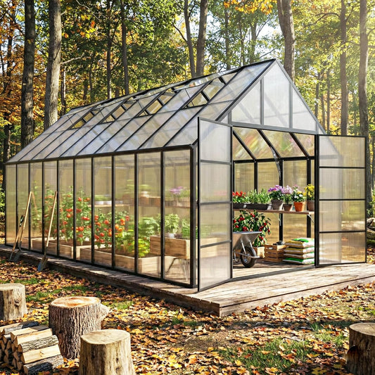 10x20 FT Greenhouse for Outdoor, Large Easy Assembly Heavy Duty Polycarbonate Panels Aluminum Frame Walk-in Green House with 3 Windows Wider Door for Garden Plants